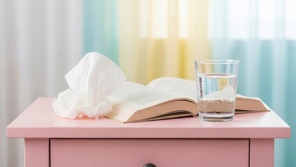 ピンクのナイトテーブル上の開かれた本と水のグラスが優雅に輝く