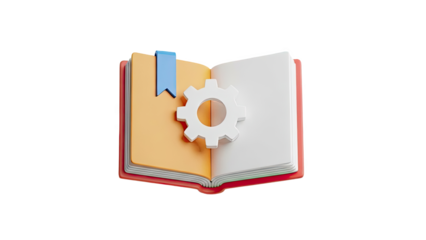 3D Open book with gear and bookmark on transparent background