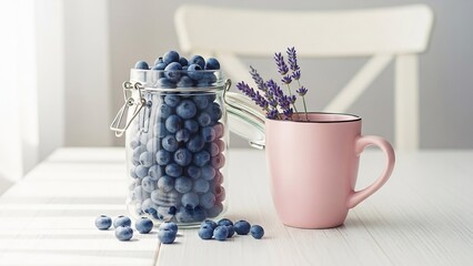 美しい朝の光がブルーベリーとラベンダーを優しく照らす、静かな時間