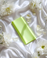 Wedding bouquet in home setting with table and bed decorated for celebration