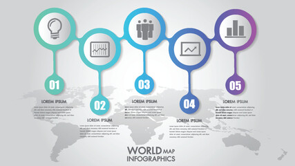 Infographic template with five steps on a world map background