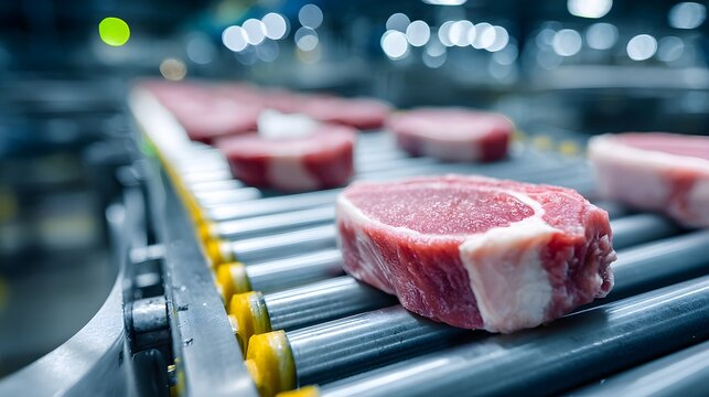 Raw thick-cut pork chops moving on an industrial steel roller conveyor in a meat processing plant with high resolution texture of meat facility.