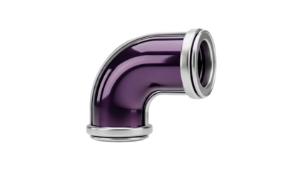3D Purple metal pipe elbow with silver fittings on transparent background