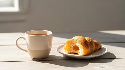 朝の光が優しく照らす、美味しいクロワッサンと温かい飲み物のある風景