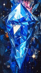 Vertical elongated blue crystal surrounded by cosmic dust and abstract rocky shapes in a celestial, painterly setting