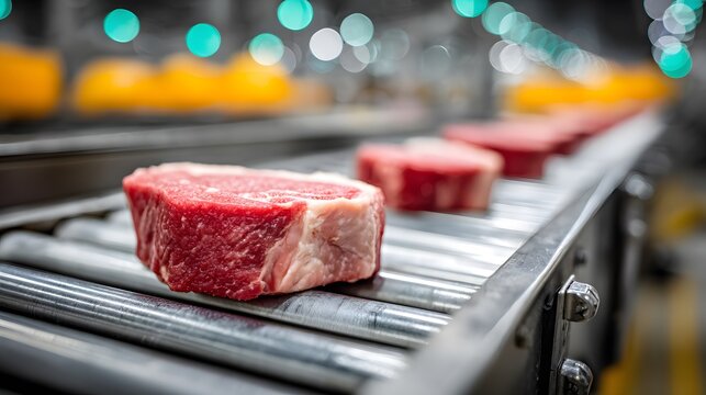 Raw thick-cut pork chops moving on an industrial steel roller conveyor in a meat processing plant with high resolution texture of meat facility.