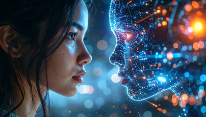 Woman gazes at a glowing, digital face made of circuits against a backdrop of blurry lights