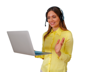 Woman wearing headset with microphone, holding a laptop, interacting during a video conference, showing remote communication