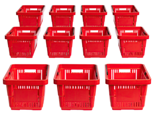 Rows of bright red plastic containers