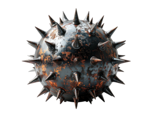 Corroded spiky sphere floating against black background
