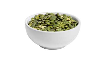 Shelled pumpkin seeds For breakfast in a ceramic bowl on white background  