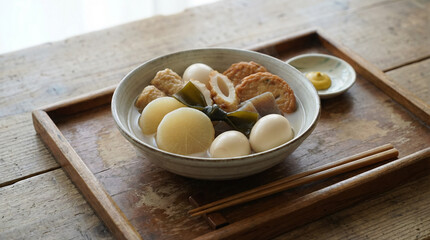 Japanese Oden Served with Chopsticks and Mustard