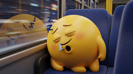 Sleepy yellow emoji character sitting on train seat with zzz symbols, daytime commute with blurred background