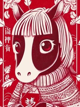 Cow Character in Patterned Sweater Holding Red Envelope on Red Background, Surrounded by Floral Elements, Festive and Cheerful Chinese New Year Theme, Celebrating with Horse Illustration