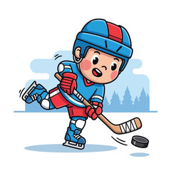 A cute illustration vector of an energetic cartoon boy playing ice hockey, wearing blue and red gear on an outdoor ice rink.