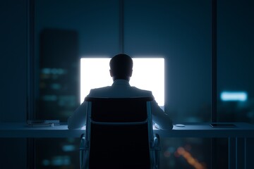 Man sitting in a chair working at a computer in a dark office at night with city lights outside the window