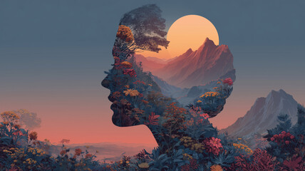 Mind awakening in nature's embrace with sunrise over mountains