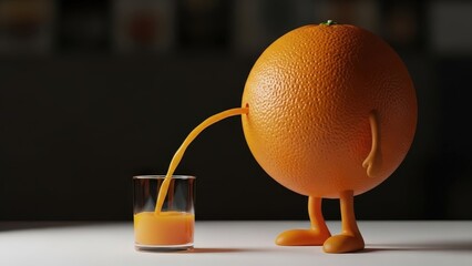 Orange character pouring juice into glass fun animation bright and playful lighting