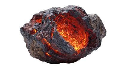 Volcanic rock with glowing magma core on transparent background, showing extreme heat and fiery molten stone