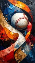 Abstract baseball art with bold strokes of blue, red, and orange colors, creating a dynamic composition