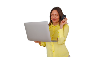 Woman holding laptop and credit card while engaging in online shopping and secure e-commerce transactions on transparent background