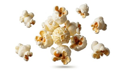 Popcorn kernels scattered against white background snack food delicious