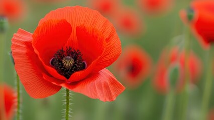 Poppy flower blooming close up red petals green background