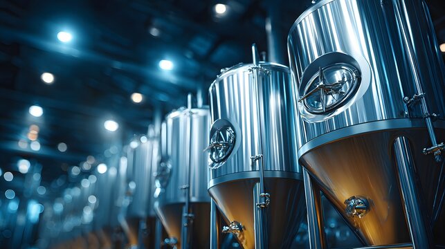 Shiny stainless steel fermentation tanks in a modern brewery or dairy factory with industrial pipes and valves in a clean and sterile setting.