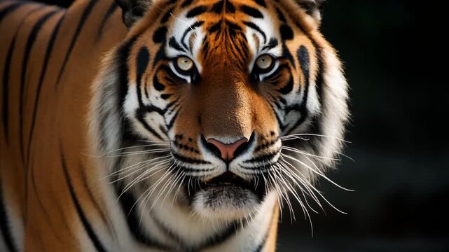 Striking Frontal Portrait of a Wild Tiger with Piercing Gaze Looking Directly at Camera