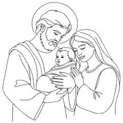 Fototapeta premium Holy family portrait in simple line art showing Joseph, Mary, and the infant Jesus Christ with halos