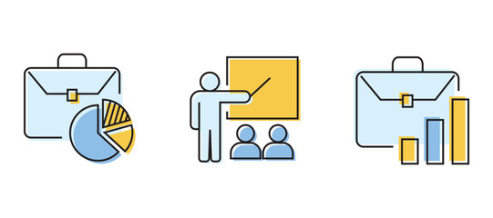 Analytics icon set with color fills and black outlines, featuring charts, graphs, and data analysis symbols for business intelligence and reporting.
