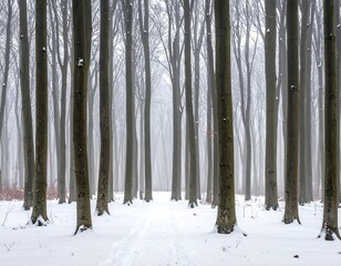 Winter forest scene with tall, bare trees, snow-covered ground, and a pathway receding into a hazy distance