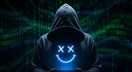 Cybersecurity threat: hooded hacker holds tablet with glowing smile.