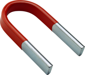 U shaped magnet with red and silver details on a transparent background