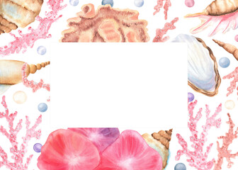 Ready-made greeting card with beige, blue seashells, pink corals and pearls. Copy space for the text. Underwater world clipart. Sea life. Hand-drawn illustration for sea-themed design, postcards