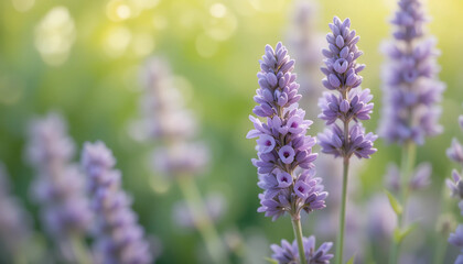 Obraz premium Soft lavender flowers with pastel green background bokeh