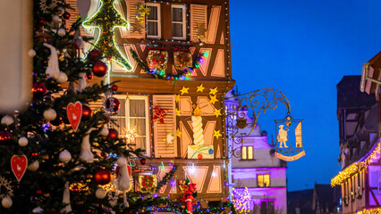 Beautiful Christmas decorations in the famous Christmas Market in Colmar in France on December 26th 2025