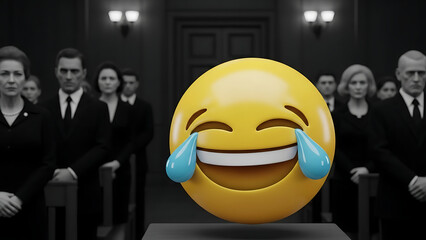 Laughing crying emoji in a courtroom with people in the background