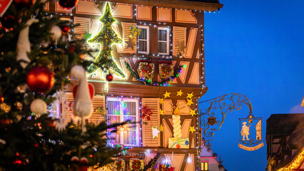 Beautiful Christmas decorations in the famous Christmas Market in Colmar in France on December 26th 2025
