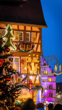 Beautiful Christmas decorations in the famous Christmas Market in Colmar in France on December 26th 2025