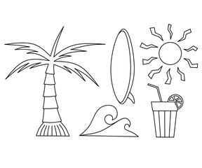 Set summer beach line icon vector, tropical summer beach outline image ,set summer beach linear icon illustration, tropical summer beach line drawing vector 
