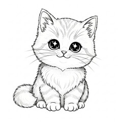 Obraz premium Cute Cartoon Kitten Portrait: An adorable cartoon kitten with endearing big eyes and soft fur sits in an elegant pose, exuding warmth and charm.