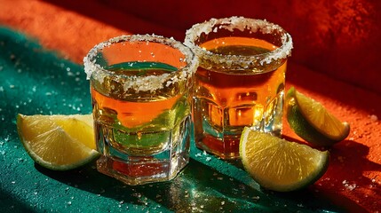 Two shots of gold tequila with salt rims and lime wedges featuring cinematic party lighting with green and orange gels casting long shadows art.