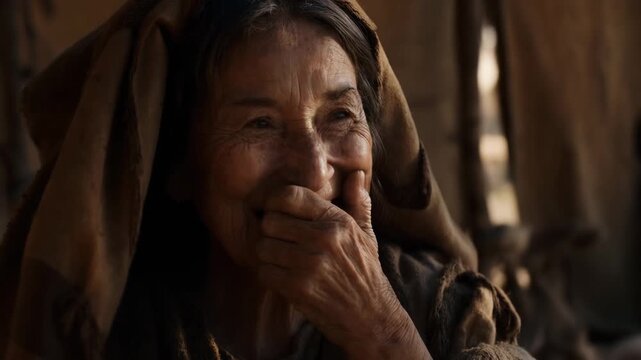 Older woman smiling and covering her mouth, she may be Sarah reacting to laughter regarding her child. Biblical portrayal of a moment of surprise or amusement.