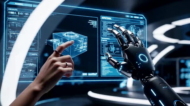 Human and robot hands interact with a futuristic holographic AI interface, showcasing advanced 3D engineering design, data visualization, and the future of collaborative innovation, robotics, and...
