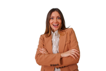 Happy business woman reacting with surprise and excitement, arms crossed, celebrating success or achievement with open mouth