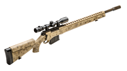 Automatic machine gun and assault rifle military weapon isolated on white background for army shooting and sniper hunting with metal barrel and trigger