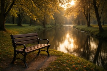 Park bench facing a quiet reflective stream with soft backlighting from the late afternoon sun.