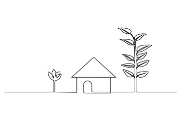 House continuous line drawing with trees and plants for eco friendly living and garden concept