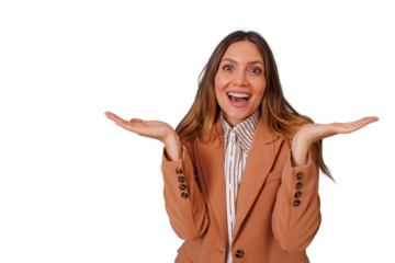 Woman expressing excitement and joy, gesturing with open hands, showing a happy surprise emotion with a big smile and wide eyes